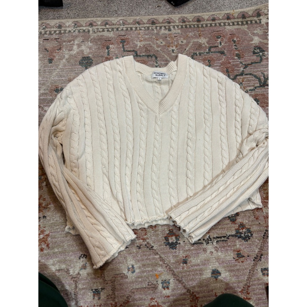 Known Supply Organic Cotton Cable Knit V-Neck Cropped Sweater Cream White S - Picture 3 of 7